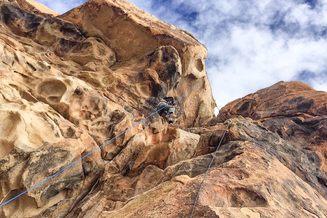 rappelling, rappel, ascend, abseiling, darius ascending a rope, joshua tree national park, california