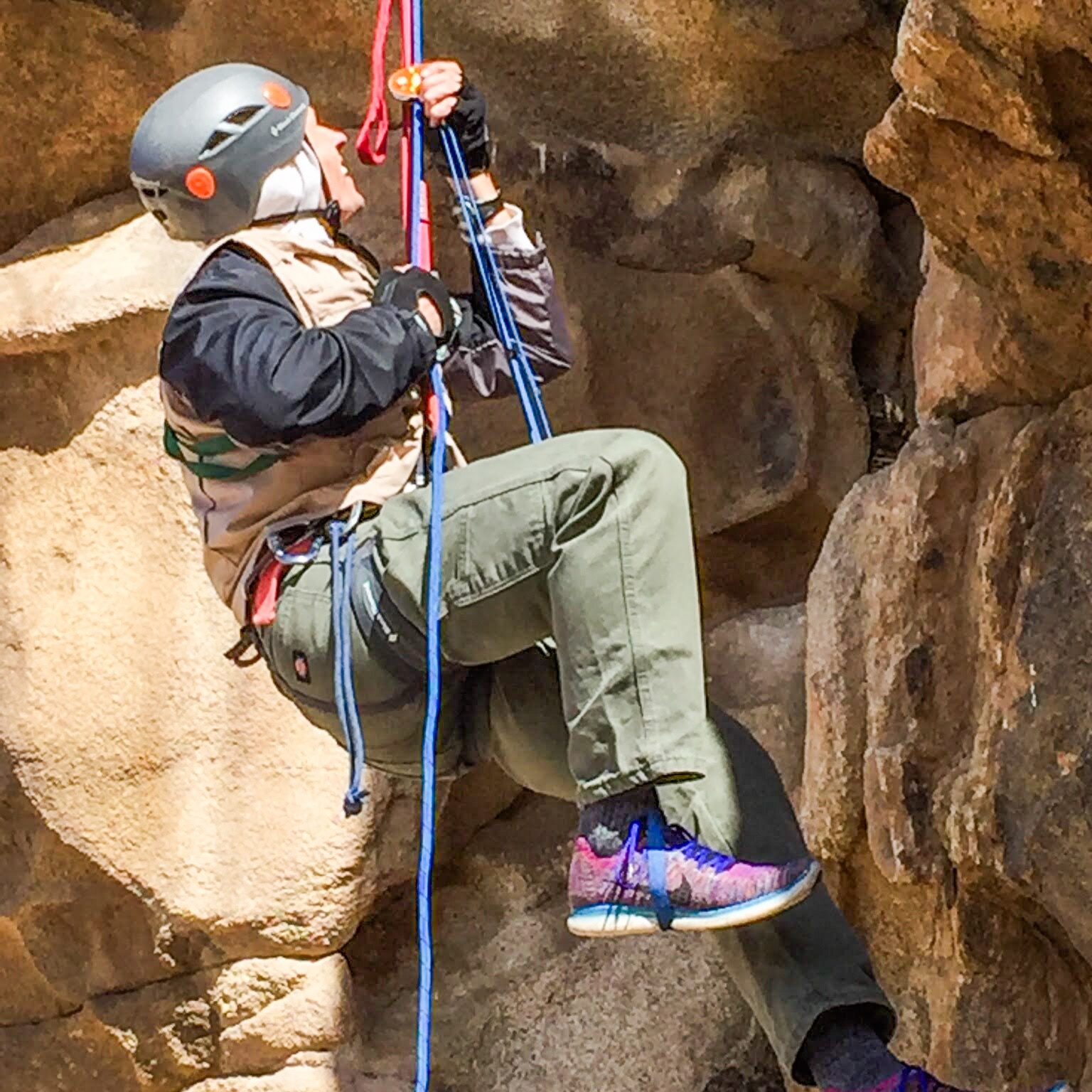 rappelling, rappel, ascend, abseiling, darius ascending a rope, joshua tree national park, california